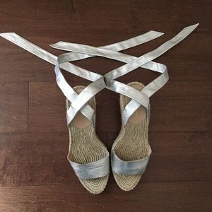 Harper Ankle-Wrap Wedge Espadrille Sandal, Silver